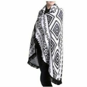 DSW Round Blanket, Scarf, Sarong Abstract Geometric Tribal Print Black snd White